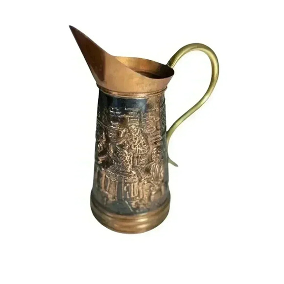 Vintage Embossed BRASS Copper Decorative Pitcher - Picture 7 of 15